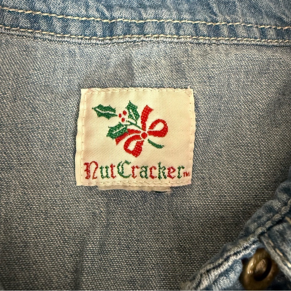 Nutcracker Denim Christmas Santa On Rooftop Blouse Shirt Sz L Embroidered - Picture 6 of 6